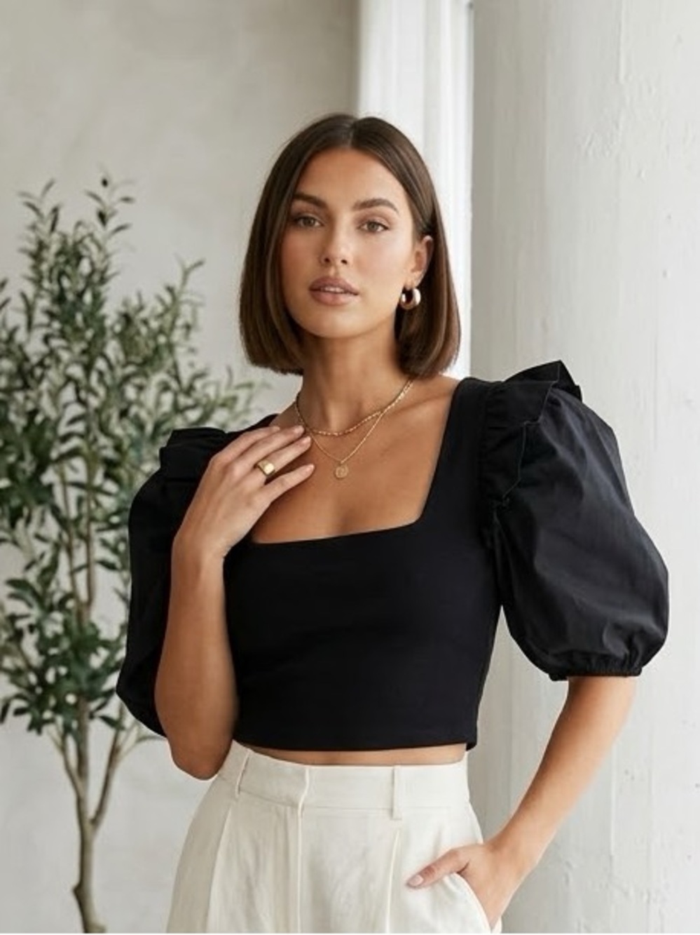 Zara Black Puff-Sleeve Square-Neck Crop Top with Cream Wide-Leg Trousers